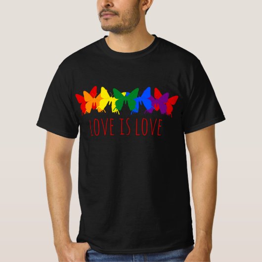 Liefde is liefde vlinder regenboog zwart t-shirt (Voorkant)