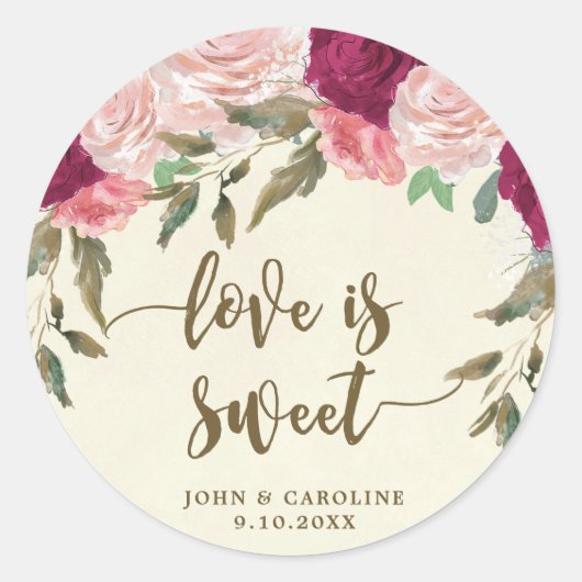 Liefde is lieve Bourgondische bloemenbruiloft stic Ronde Sticker (Voorkant)