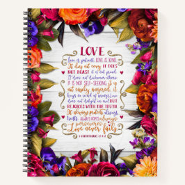 Liefde is... met veelkleurige bloemen op hout notitieboek