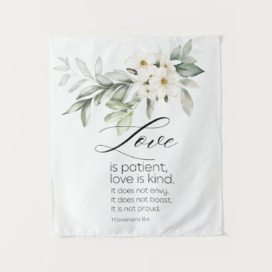 Liefde is Patient Bible Verse Wit Bloemen Christel Wandkleed