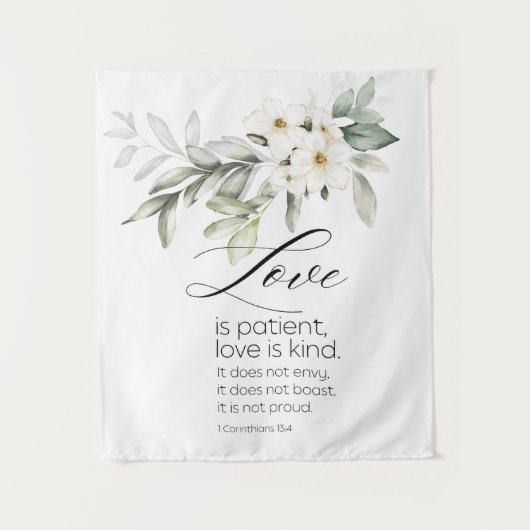 Liefde is Patient Bible Verse Wit Bloemen Christel Wandkleed (Voorkant)