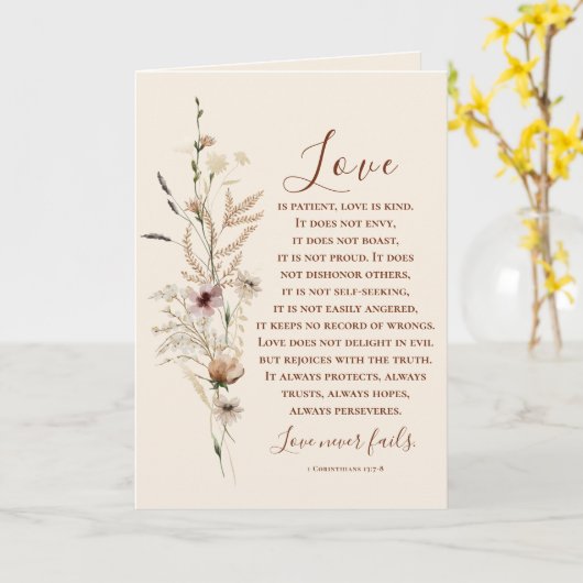 Liefde is Patiënt Bijbel Bruiloft Gefeliciteerd Kaart (Gele Bloem)