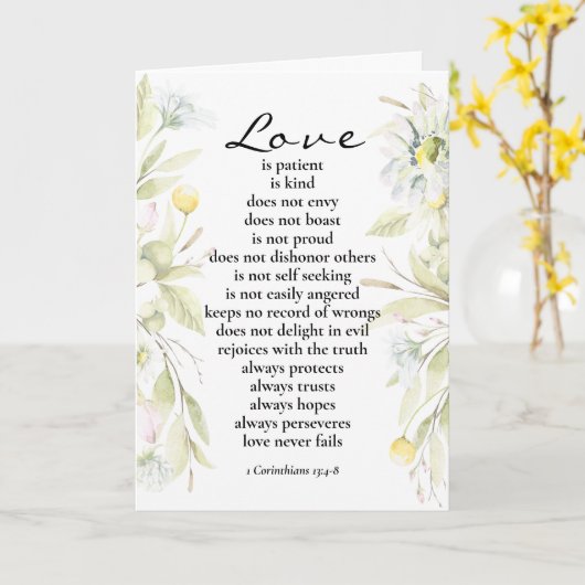 Liefde is Patiënt Bijbel Bruiloft Gefeliciteerd Kaart (Gele Bloem)