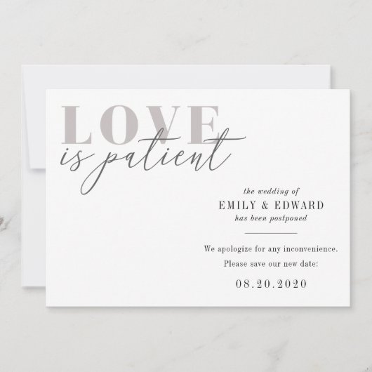 Liefde is patiënt bruiloft Verander de datum Save The Date (Voorkant)