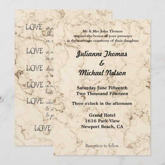 Liefde is Patiënt Crème Marmeren bruiloft Kaart (Voorkant / Achterkant)
