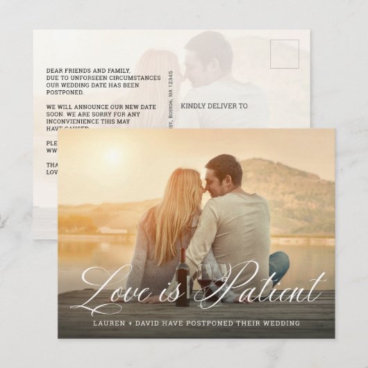 Liefde is Patiënt Elegant Script Foto Bruiloft Aankondigingskaart (Voorkant / Achterkant)