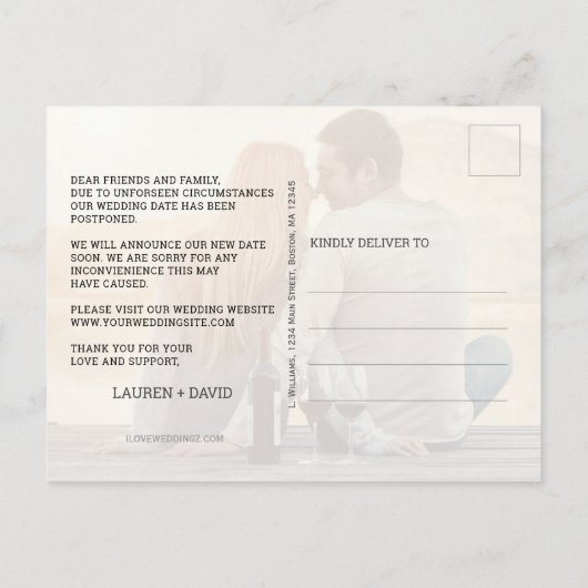 Liefde is Patiënt Elegant Script Foto Bruiloft Aankondigingskaart (Achterkant)