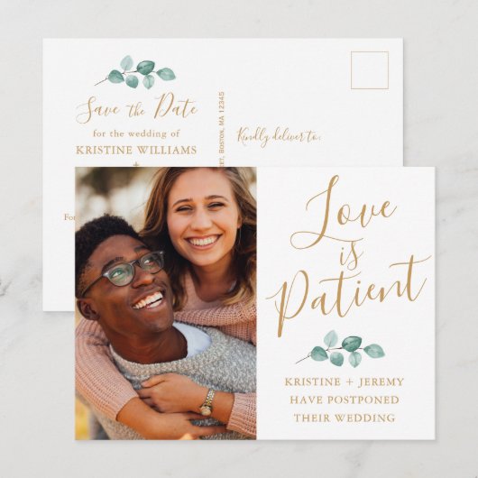 Liefde is Patient Gold Script Photo Save Our Date Aankondigingskaart (Voorkant / Achterkant)