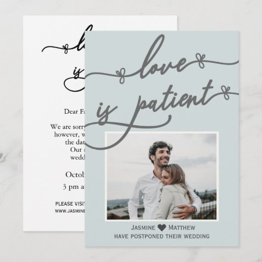 Liefde is patiënt kalligrafie blauwe bruiloft uitg save the date (Voorkant / Achterkant)