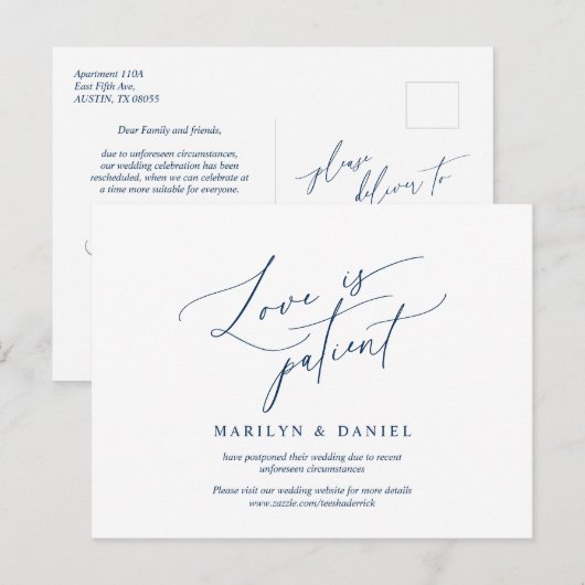 Liefde is patiënt, Navy Blue, uitnodiging uitgeste (Voorkant / Achterkant)