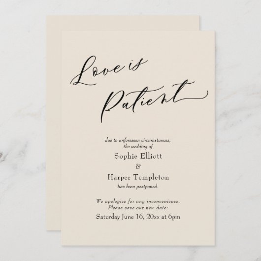 Liefde is patiëntencrème uitgestelde bruiloft Kaar Kaart (Voorkant / Achterkant)