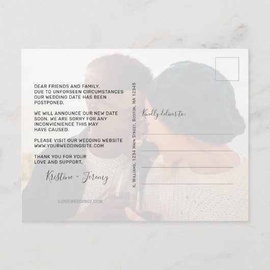 Liefde is patiëntenscript foto bruiloft uitgesteld aankondigingskaart (Achterkant)