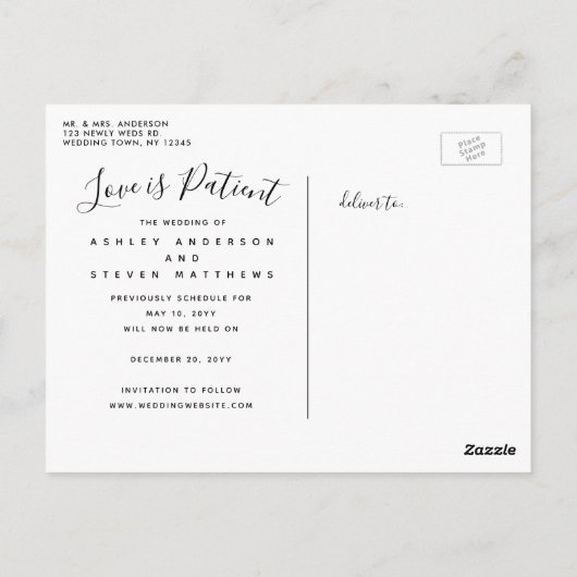 Liefde is patiëntenscript foto bruiloft uitgesteld briefkaart (Achterkant)