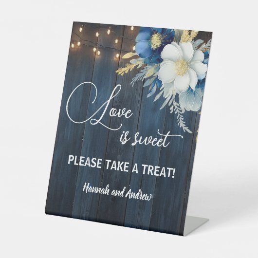 Liefde is Sweet Blue Wood String Lights Bloemen Reclamebord Met Voetstuk (Voorkant)