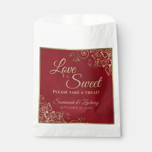 Liefde is Sweet Crimson Red & Gold Lace Wedding Bedankzakje (Voorkant)