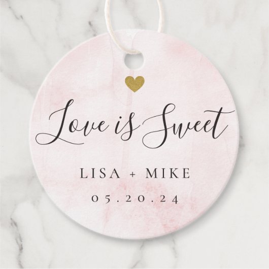 Liefde is Sweet Custom Bruiloft Snoep Roze Waterve Bedankjes Labels (Voorkant)