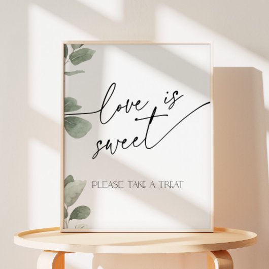 Liefde is Sweet Eucalyptus Sage Green Vrijgezellen Reclamebord Met Voetstuk