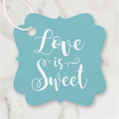 Liefde is Sweet Modern Aqua Script Trouwfoto Bedankjes Labels (Voorkant)