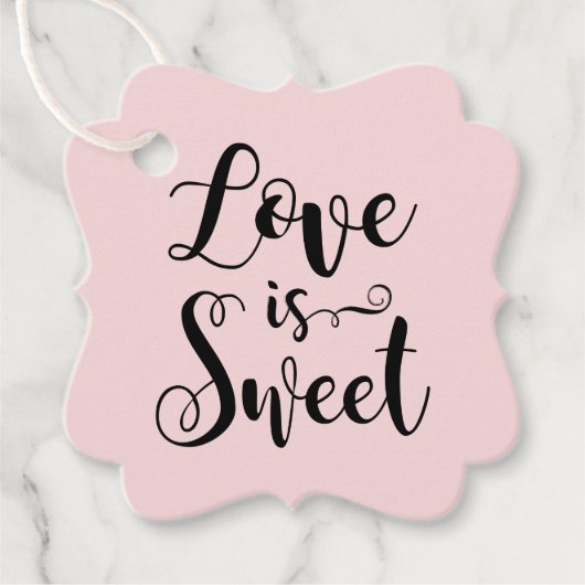 Liefde is Sweet Pink Black Modern Script Wedding Bedankjes Labels (Voorkant)