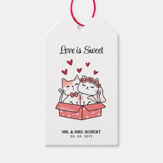 Liefde is Sweet Schattige Cat Bride en Bruidegom W Cadeaulabel (Voorkant)