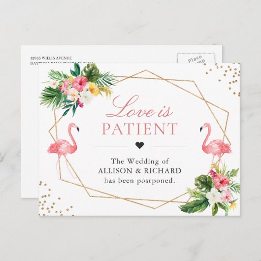 Liefde is Tropische Flamingo Wedding New Date Briefkaart (Voorkant / Achterkant)