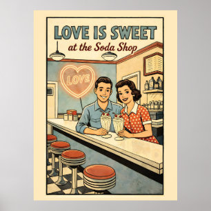 Liefde is zoet bij de retro milkshake-soda shop poster
