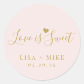Liefde is zoet gepersonaliseerd bruiloft gunst roz ronde sticker (Voorkant)