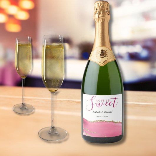 Liefde Is Zoet Goud & Roze Agaat Steen Bruiloft Sparkling Wijnetiket