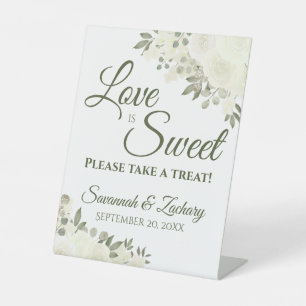 Liefde is zoet Neem een traktatie White Roses Wedd Reclamebord Met Voetstuk