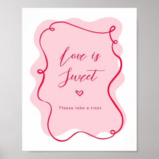 Liefde is zoet roze en rood retro golvend lijst poster (Voorkant)