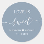 Liefde is zoet stoffig blauw bruiloft gunst ronde sticker (Voorkant)