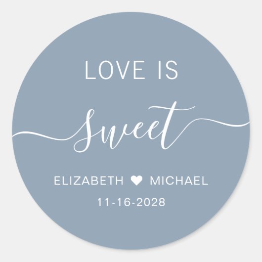 Liefde is zoet stoffig blauw bruiloft gunst ronde sticker (Voorkant)