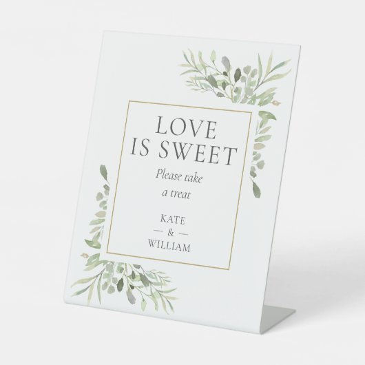 Liefde is zoete gunst groen bruiloft reclamebord met voetstuk (Voorkant)