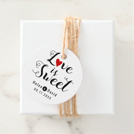 Liefde is zoete kalligrafie rood hart bruiloft bedankjes labels (In situ)