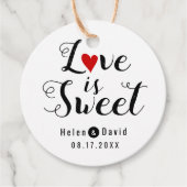 Liefde is zoete kalligrafie rood hart bruiloft bedankjes labels (Voorkant)