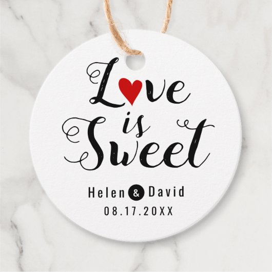 Liefde is zoete kalligrafie rood hart bruiloft bedankjes labels (Voorkant)