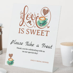 Liefde is Zoete Koffie Hart Calligrafie Terracotta Reclamebord Met Voetstuk