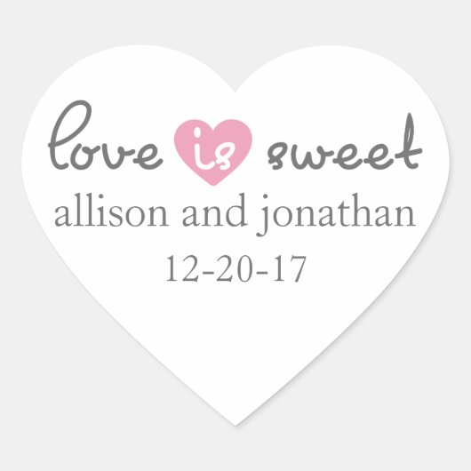 Liefde is zoete moderne hartetiketten (grijs/roze) hart sticker (Voorkant)