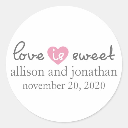 Liefde is zoete moderne hartetiketten (grijs/roze) ronde sticker (Voorkant)