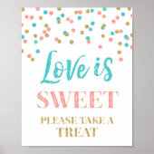 Liefde is zoete teken goud turquoise koraal confet poster (Voorkant)