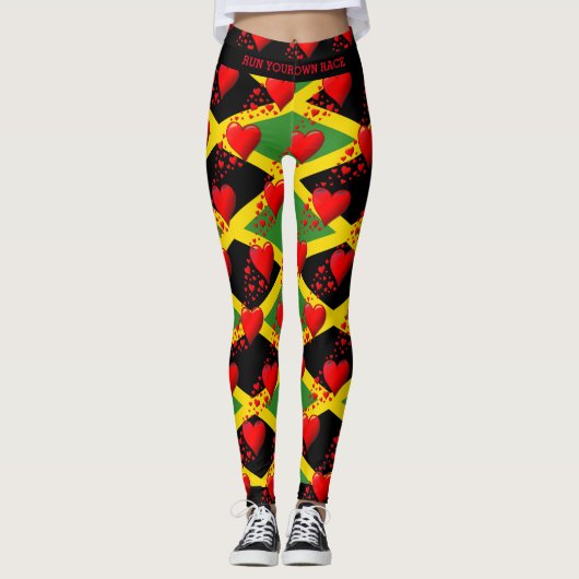 LIEFDE JAMAICA Vlag Rode Harten RUN UW RACE Custom Leggings (Voorkant)