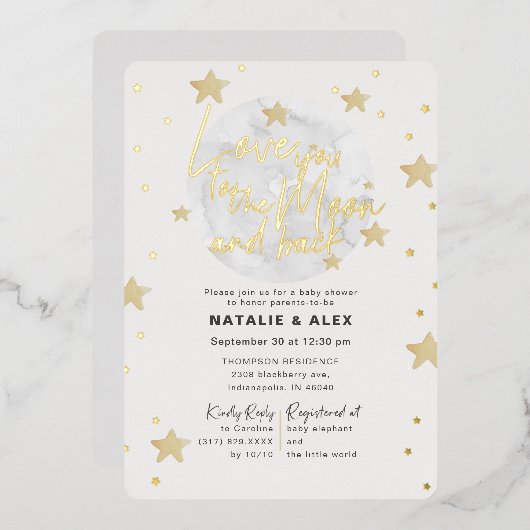 Liefde je maan en neutraal Baby shower terug Folie Uitnodiging (Voorkant / Achterkant)