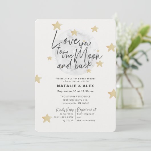 Liefde je maan en neutraal Baby shower terug Kaart (Staand voorkant)