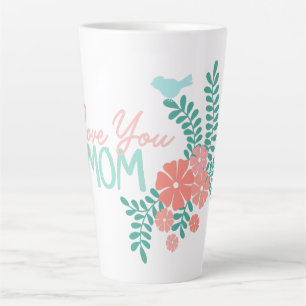 Liefde jou mama tekst roze bloemen en blauwe vogel latte mok