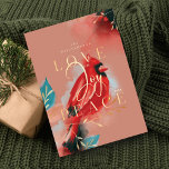 Liefde Joy & Peace Red Kardinaal Waterverf Blush Feestdagenkaart<br><div class="desc">Onze kerstkaart voor de kardinale kerst belichaamt warmte, leven en energie geïnspireerd door natuur. De expressieve borstel en de penslagen worden gecombineerd samen met ons artistiek gestileerd rood kardinaal vogelkunstwerk. Evogen van het gevoel van liefde, vreugde en vrede. Verzadigde tinten van crimson reds, zwart, diep ebbeny zwart, saffierblauw en donkere...</div>