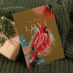 Liefde Joy & Peace Red Kardinaal Waterverf Groen Feestdagenkaart<br><div class="desc">Onze kerstkaart voor de kardinale kerst belichaamt warmte, leven en energie geïnspireerd door natuur. De expressieve borstel en de penslagen worden gecombineerd samen met ons artistiek gestileerd rood kardinaal vogelkunstwerk. Evogen van het gevoel van liefde, vreugde en vrede. Verzadigde tinten van crimson reds, zwart, diep ebbeny zwart, saffierblauw en donkere...</div>