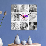 Liefde jullie Nana Colorful Bold Modern 8 Foto Col Vierkante Klok<br><div class="desc">"Hou van je, Nana." Ze houdt elke minuut van haar kleinkinderen. Een speelse, grillige, stijlvolle visuele weergave van kleurrijke regenboogkleurige gewaagde typografie en zwarte handgeschreven typografie bedekken een zacht, lichtroze hart en een witte achtergrond. Voeg 8 gekoesterde foto's van uw keuze toe en pas de namen en boodschap aan, voor...</div>