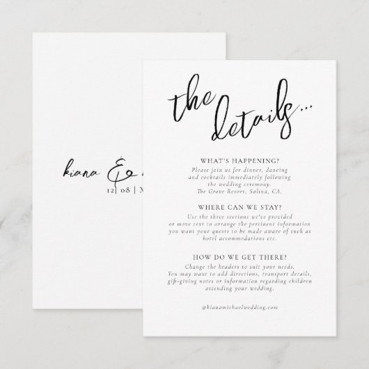 Liefde kalligrafie Wedding Details B&W ID940 Informatiekaartje (Voorkant / Achterkant)
