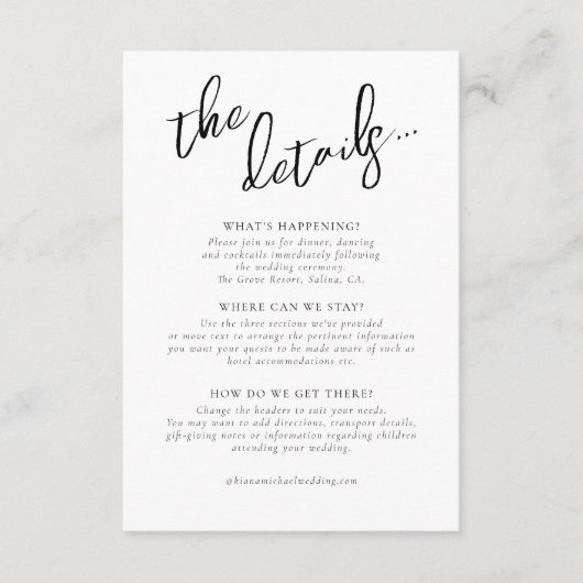 Liefde kalligrafie Wedding Details B&W ID940 Informatiekaartje (Voorkant)