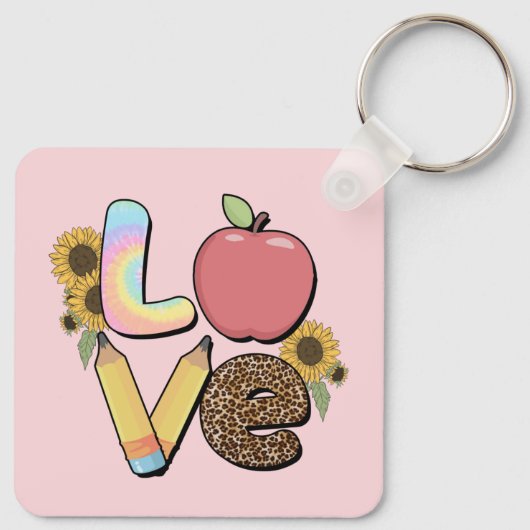 Liefde - Kleurrijk Teacher Design met Apple & Penc Sleutelhanger (Achterkant)